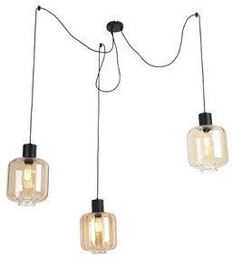 Designerska lampa wisząca czarna z bursztynowym szkłem 3-światłowa 226 cm - QaraDesignerski Oswietlenie wewnetrzne