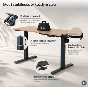Biurko elektryczne z regulacją wysokości ergonomiczne antracytowe/dąb sonoma,1200x600 mm: ARIA