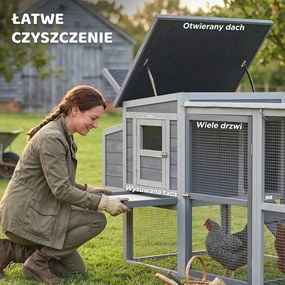 PawHut Kurnik dla 3-4 kur z wybiegem, gniazdem, dachem asfaltowym, osłoną Oxford i szufladą, 264x82x89 cm, szary | Aosom PL