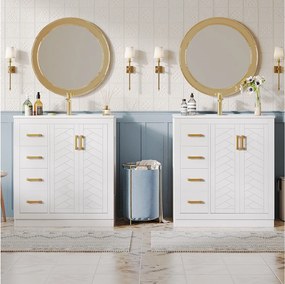 2 szafki łazienkowe z ceramiki - 76,5 x 46,5 x 84,5 cm - z 3 szufladami + półką boczną + 2 drzwiami - MDF - białe