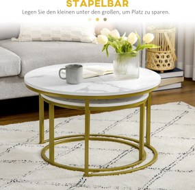 HOMCOM Zestaw Stolików Pomocniczych, 2 Stoliki, Ø74 &amp; Ø59 cm, Wygląd Marmuru, Rama w Kolorze Złota