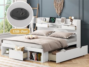 Łóżko dwuosobowe z MDF 180x200 cm - z portem do ładowania i wielofunkcyjnymi schowkami - Białe