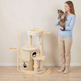 PawHut Drapak z 2-poziomową kryjówką, słupami sizalowymi, platformą, matą sizalową i pomponem, dla kotów do 5 kg | Aosom PL