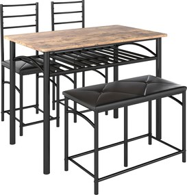 HOMCOM 4-częściowy Zestaw do Jadalni, Oszczędność Miejsca, Zestaw z Stołem, 2 Krzesłami i Ławką, dla Małych Pomieszczeń, Metal, Drewno, Brązowy