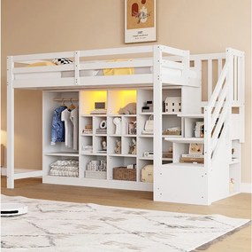 Łóżko piętrowe dla dzieci - 90 x 200 cm - z szafkami wnękowymi + garderoba + oświetlenie LED + drabinka - drewno - białe