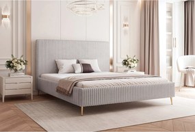 BESILIO Łóżko do sypialni 160x200 Vienna II - Łóżko z pojemnikiem, łóżko slim, wysokie złote nogi, stelaż listwowy - Tkanina miękki sztuks - Jasnoszary