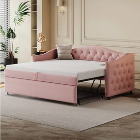 Łóżko wysuwane 90 x 200 cm z portami USB, Sofa z funkcją spania - Tkanina lniana - Stelaż z listew - Różowy (bez materaca)