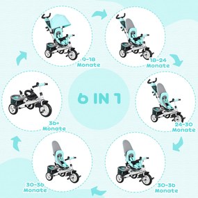 HOMCOM Rowerek Trójkołowy dla Dzieci, Zielony, z Koszykiem, Uchwytem na Kubek, Odnawialnym Daszkiem, Metal