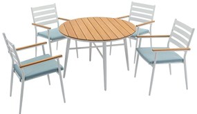 Zestaw mebli ogrodowych jadalnianych z drewna i aluminium: stół o śr. 110 cm i 4 fotele - Biały i naturalny jasny - MIAMI marki MYLIA