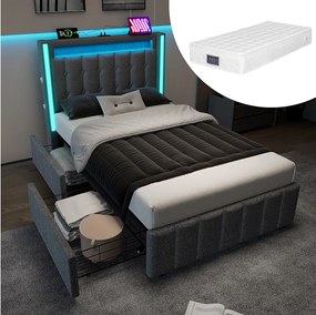 Łóżko dziecięce 90x200 cm - z zagłówkiem i schowkiem, 2 szufladami, USB/Typ-C, oświetleniem LED - szare, lniane - materac w cenie