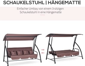 Outsunny Huśtawka Ogrodowa 3 Osobowa z Regulowanym Daszkiem Hamak Wiszący Brązowy Poliester 215x120x165cm | Aosom PL