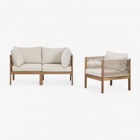 Zestaw Do Salonu Z Modułową Sofą 2-częściową Z Podłokietnikami Oraz Fotelem Z Drewna Akacjowego Branson Gardenia Biel & Akacja Brąz - Sklum