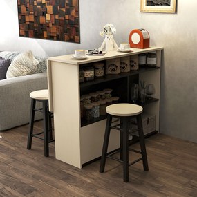 HOMCOM 3-cz. Zestaw Barowy, Bartisch ze Składanym Blatem, 2 Stołki Barowe, 6 Schowków, Czarny+Dąb, 116 x 70 x 89,5 cm