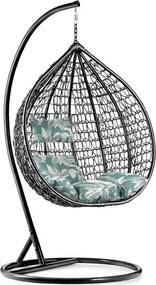 Czarne wiszące krzesło KOKON ze stojakiem, zielono-biała poduszka