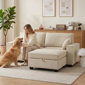 HOMCOM Narożnik z pufą z pojemnikiem, sztruks, 3-osobowy sofa w kształcie L z wypełnieniem sprężynowym, szerokie siedzisko, beżowy | Aosom PL