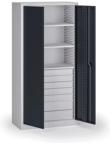 Szafa warsztatowa, 3 półki + 7 szuflad, 1950 × 950 × 500 mm, grafitowe drzwi