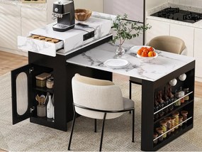 Centralna wyspa kuchenna - stół rozsuwany - z gniazdkiem elektrycznym - z kółkami i miejscem do przechowywania - z haczykiem - Czarny + Biały