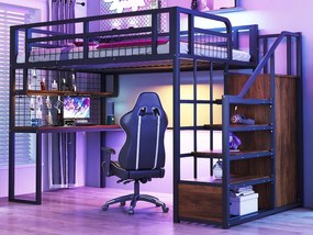 Łóżko mezzanine 140x200 cm - z oświetleniem LED i gniazdkami - z drabinką z miejscem do przechowywania - z szafą - przechowywanie i stolik - czarny