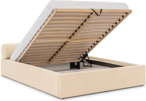 Kremowe tapicerowane łóżko dwuosobowe ze schowkiem i stelażem 140x200 cm Cille – Ropez