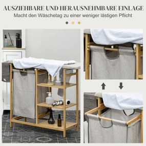 HOMCOM Segregator na pranie, multifunkcyjny, z deską do prasowania i workiem 57L, stelaż z bambusa, 113x34x82cm, naturalny/szary