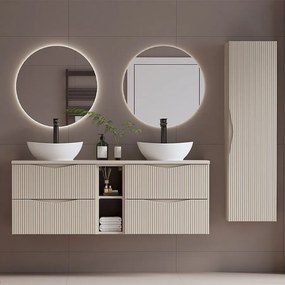 Zestaw do Łazienki 140cm Szafka Regał Blat Umywalka Słupek Ryflowane Fronty  Beż Piaskowy Cleo