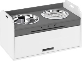 PawHut Podwyższana miska z szafką do przechowywania, 2 miski z pierścieniami antypoślizgowymi, 60 x 30 x 35,5 cm, Biały | Aosom PL