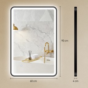 HOMCOM 90 x 60 cm lustro łazienkowe LED, światła, 3 kolory, ściemnialne, funkcja pamięci, poziomo i pionowo, czarne