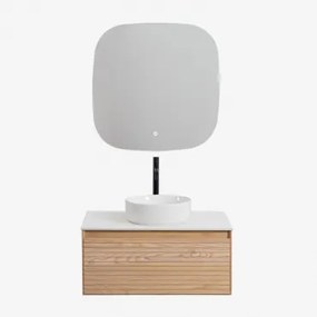 Zestaw Wiszących Mebli Łazienkowych Z Drewna Jesionowego Tedrik Popielaty Brąz & Okrągły Ceramiczny Biały Ø40 - Sklum