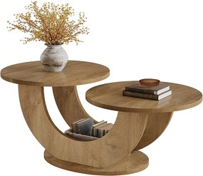 Okrągły stolik kawowy do salonu, dwupoziomowy stolik kawowy w stylu rustykalnym z ramą w kształcie litery U, niski stolik koktajlowy do domu, mieszkania, naturalny