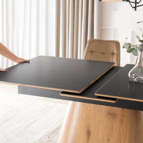 Zestaw Stół Rozkładany Ceramiczny LIZBONA 160-200 cm Czarny/Dąb i 4 Krzesła Tapicerowane RODRI Beżowe Nowoczesne