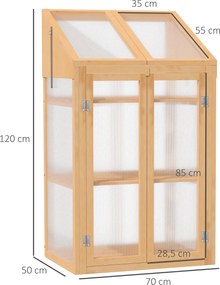 Outsunny Mini szklarnia, mała szklarnia z ramą drewnianą, oknami i podwójnymi drzwiami, 3 półki, 70Dł x 50Szer x 120Wys cm, Brązowa