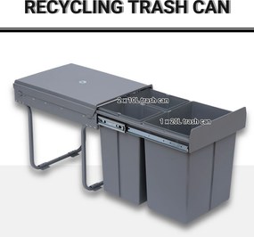 HOMCOM Kosz na śmieci z 3 pojemnikami na odpady do segregacji, system szynowy, wbudowany, zestaw 3 pojemników, Szary