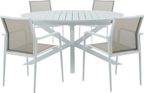 Zestaw mebli ogrodowych jadalnianych z aluminium: rozkładany stół dł. 150/200 cm i 4 sztaplowane fotele - Jasnoszary i biały - YOHA marki MYLIA
