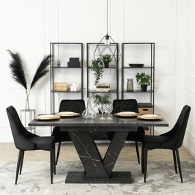 Zestaw Stół Prostokątny Rozkładany CLARK 120-160 cm Czarny Marmur i 4 Krzesła Tapicerowane CORK Czarne Welurowe Loft
