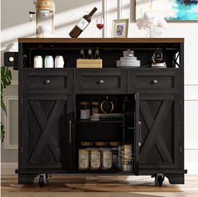 Czarna wyspa kuchenna z blatem w efekcie drewna, 3 szufladami do przechowywania i 3 drzwiami