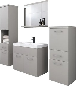 Nowoczesne meble łazienkowe, wiszący zestaw z umywalką, lustrem i słupkami, szary pallad mat