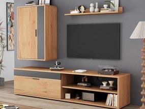 Zestaw ścienny pod TV 3-częściowy - Szafa pod TV + szafka ścienna + półka - 2 drzwi - Płyta wiórowa - Naturalny + Czarny