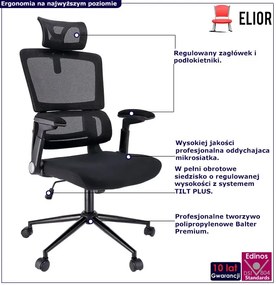 Czarny ergonomiczny fotel biurowy z zagłówkiem - Gesion