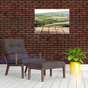 Obraz na szkle - Drewniana półka z krajobrazem (70x50 cm)