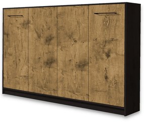Półkotapczan/łóżko w szafie poziome BASIC 140x200 dwuosobowe Dąb Lancelot/czarny mat z dodatkowymi szafami i nadstawką