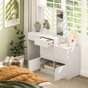 HOMCOM Toaletka, stolik do makijażu z dużym lustrem, 4 szuflady, 3 otwarte przegrody, 2 szafki, MDF, Biały