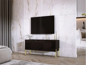 Szafka RTV, czarny matowy / czarny błyszczący, złote nogi, 100 x 52 x 32 cm