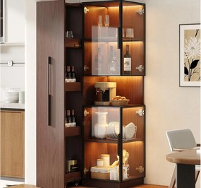 Szklana witryna 70x38x160 cm - z dużą szufladą przesuwną - oświetlenie LED - 4 szklane drzwi - MDF - Brązowy