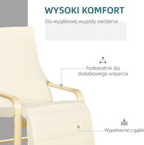 HOMCOM Leżak z Poduszką, Regulowany Podnóżek w 5 Pozycjach, Drewno Brzozowe, do 120 kg, 66,5 x 94 x 100 cm, Kremowy | Aosom PL