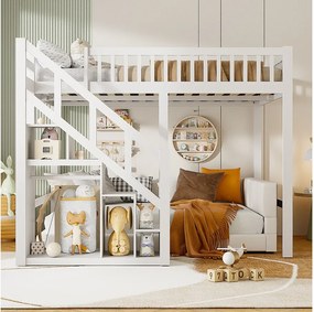 Łóżko piętrowe 90 x 200 cm, wielofunkcyjne łóżko dziecięce ze schowkiem i schodkami, białe