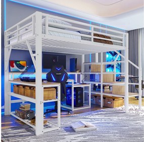 Łóżko piętrowe dla dzieci - 140 x 200 cm - rama żeliwna - z półką + drabinka + diody LED + biurko + port USB - metalowe - białe