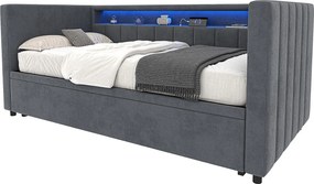 Łóżko z wysuwanym łóżkiem 90x190 cm - z zagłówkiem, schowkiem i oświetleniem LED - ciemnoszary aksamit - materac nie jest wliczony w cenę