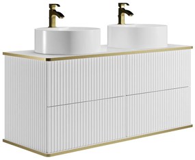 Szafka łazienkowa wisząca  ryflowana ze złotą listwą i dwoma okrągłymi umywalkami nablatowymi - Biały - 120 cm - KELIZA