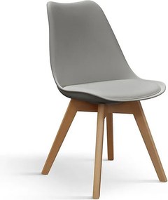 Zestaw 4 krzeseł z szarego polipropylenu, poduszka z ekoskóry, nogi z drewna bukowego, 47x52x82 cm - WYNWOOD