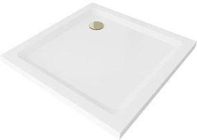 Mexen Flat brodzik kwadratowy slim 80 x 80 cm, biały, syfon złoty - 40108080G